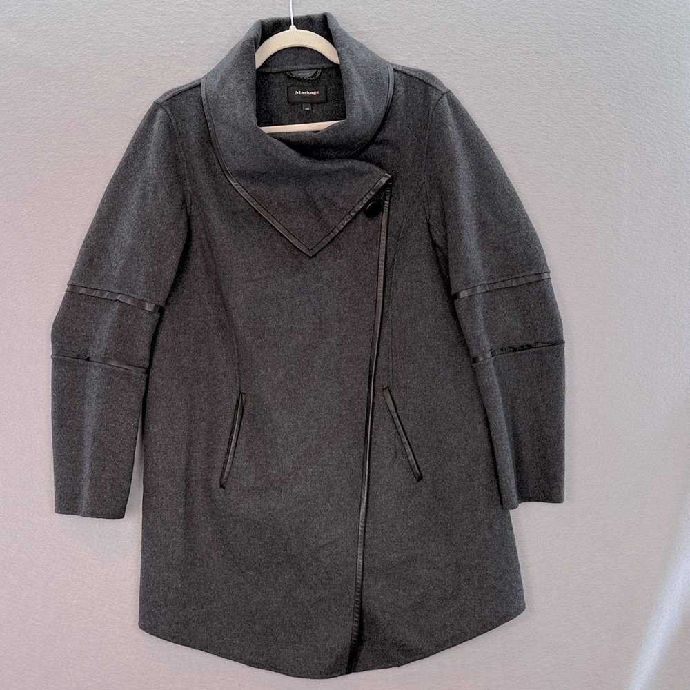 Mackage Women’s Montreal Wool blend Draped Wrap Jacket grey Coat leather trim L